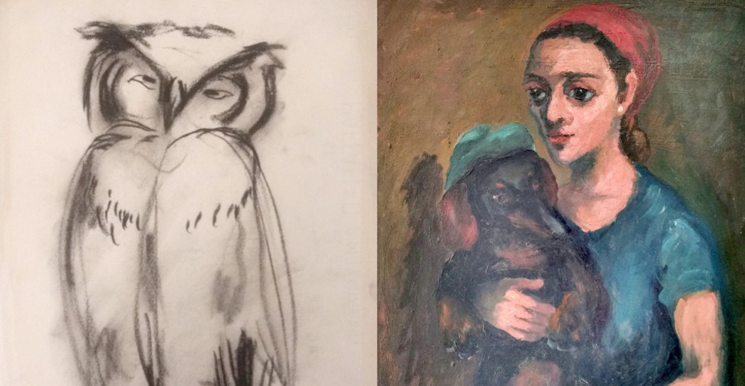 Katy con il bassotto o Autoritratto con cane  bassotto,olio su tela olio su cartone, firmato - Civetta, Carboncino su carta