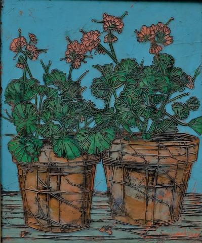 Garth Speight, Vasi con gerani, acrilico, cm. 45x55