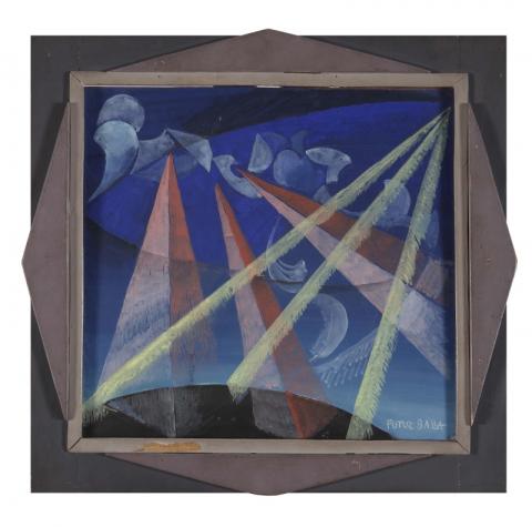 Giacomo Balla, Trasformazione forme spiriti n.6 (1918), tempera su cartoncino e cornice dipinta dall’artista