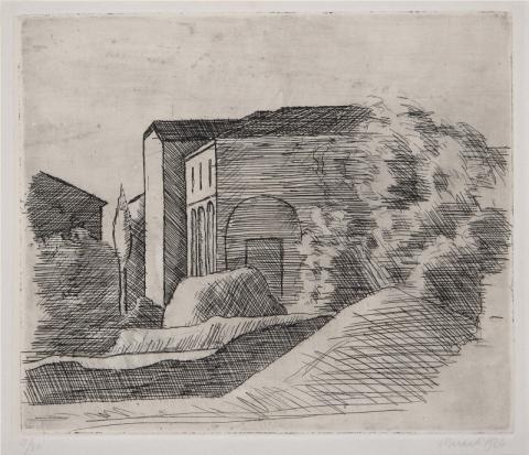 Giorgio Morandi, La casetta con il portico e il cipresso (1904), acquaforte su zinco