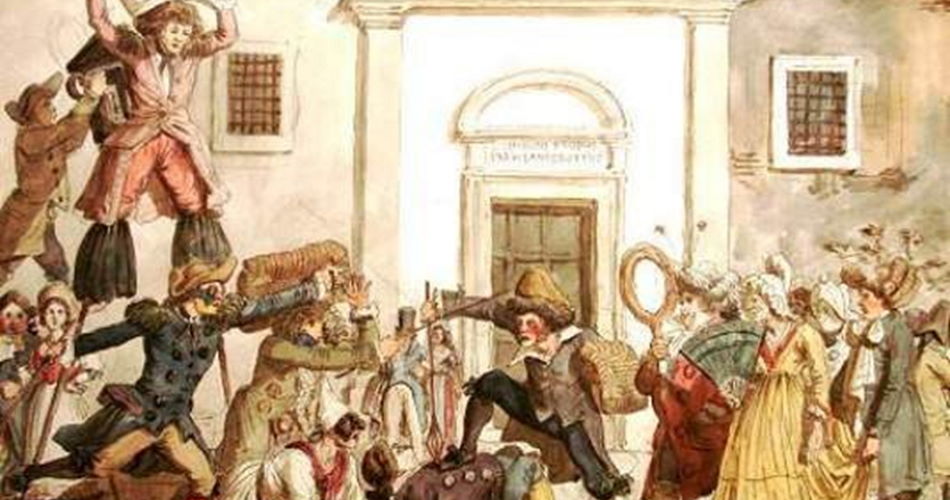 ACHILLE PINELLI, Maschere carnevalesche si azzuffano davanti alla chiesa di San Simeone Profeta in Piazza Lancellotti nel rione Ponte, 1835, Museo di Roma (part.) MR 35962 ACHILLE PINELLI, Maschere carnevalesche si azzuffano davanti alla chiesa di San Simeone Profeta in Piazza Lancellotti nel rione Ponte, 1835, Museo di Roma (part.) MR 35962