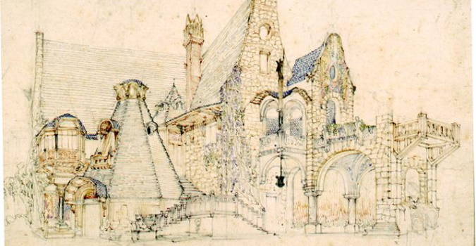 Progetto per ampliamento e trasformazione della Capanna Svizzera, Vincenzo Fasolo, disegno a china acquerellata su carta, 1917, MCC 105