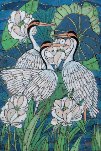 Garth Speight, Uccelli in uno stagno, acrilico, cm. 52x78