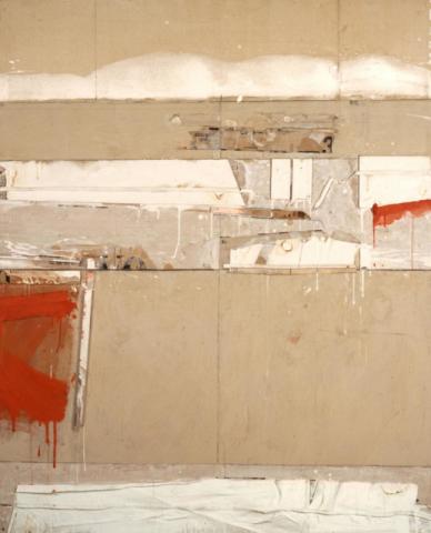 Ipercuore, 1964, impasto colorato di bianco zinco con olio di lino, trementina e frammenti di stoffa e legno su tela, Archivio Rasp, 160x130 cm