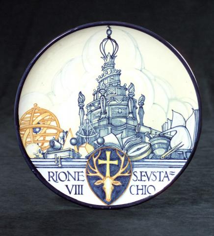 Retrosi Veduta del Rione VIII S. Eustachio Serie di piatti dei 14 Rioni storici di Roma, 1926  ceramica dipinta, Ø cm 36, h cm 4  Roma, Museo di Roma 