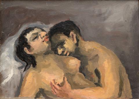 K.Castellucci. Amanti (Erotica), 1943-45 c., olio su cartone, cm. 25x36