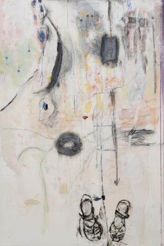 Elisa Montessori, Aterlier – Piuma, 2019, olio su tela, 150 x 100 cm Crediti fotografici: Giorgio Benni Courtesy l’Artista e Galleria Monitor Roma | Lisbona | Pereto (AQ)