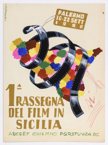 7 Retrosi 1A Rassegna dei film in Sicilia, bozzetto per manifesto, 1956  grafite, tempera su carta applicata su cartoncino, mm 345x252  Collezione Fulvia e Jacopo Vizioli Roma