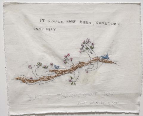 Tracey Emin, It could have been Something (2001), china, grafite, ricamo su calico