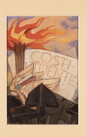 Disegno preparatorio, con quadrettatura, raffigurante una torcia accesa e un libro alato, posti accanto a un cartiglio con l'iscrizione in lettere capitali "COSTITUENTE", sotto cui si ergono strumenti del lavoro agricolo e industriale (martelli, pale).