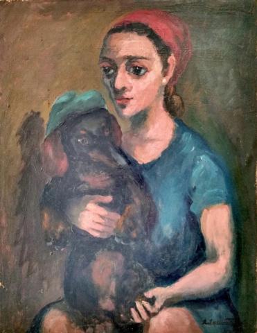 Katy con il bassotto o Autoritratto con cane  bassotto, olio su tela olio su cartone, firmato, 46x36 cm