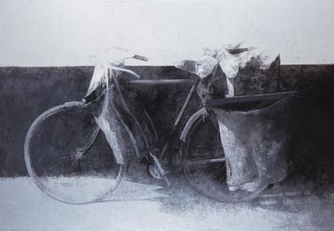 Pedro Cano, Biciclette, 2018. Olio su tavola